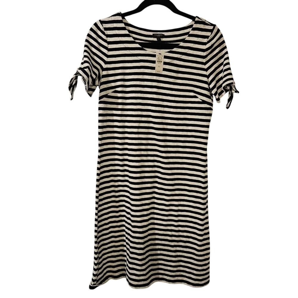 Talbots Navy White Striped Cotton Dress Tie‎ Sleeve NWT Small Petite Nautical
